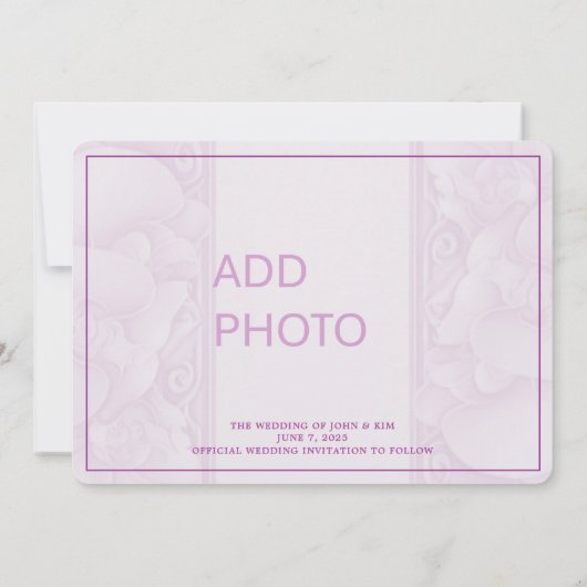 Verzierte Lila Pflaumenhochzeit speichern das Datu Einladung (Rückseite)