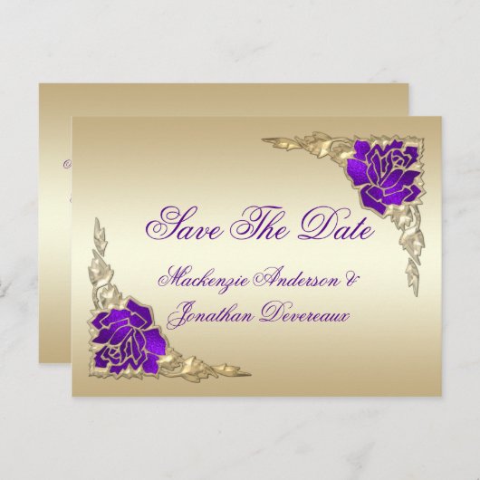 Verzierte Lila Rose Gold-Blätter Save the Date Ankündigungspostkarte (Vorne/Hinten)
