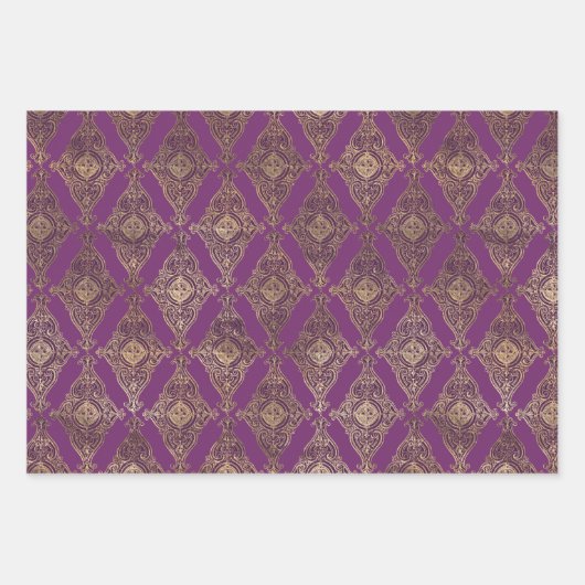VERZIERTE LILA UND GOLD-PATTER & BLUME GESCHENKPAPIER SET (Vorderseite)