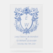 Verzierte Linen Blue Wappen Monogram Wedding Sign Acrylschild (Vorderseite)