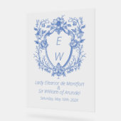 Verzierte Linen Blue Wappen Monogram Wedding Sign Acrylschild (Winkel)