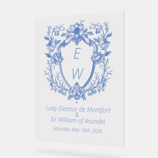 Verzierte Linen Blue Wappen Monogram Wedding Sign Acrylschild (Winkel)