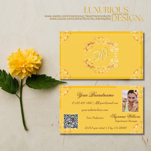 Verzierte Mandarine Orange Monogram Foto QR Code Visitenkarte