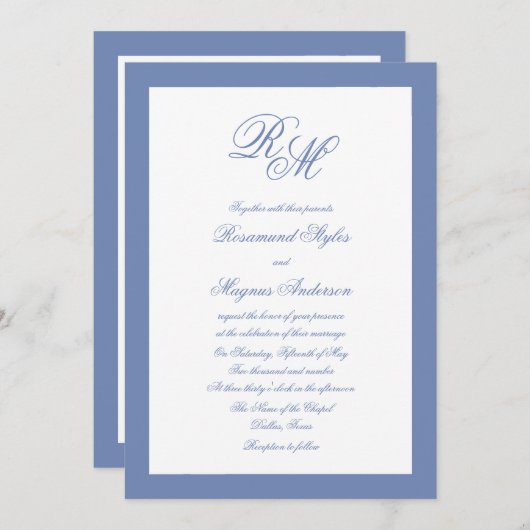 Verzierte Monogram Blue Wedding Einladung (Vorne/Hinten)