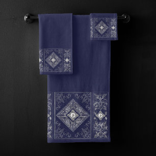 Verzierte Opulenz   Blauer und Silberschmuck Geblü Badhandtuch Set