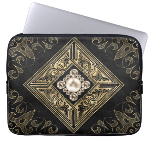 Verzierte Opulenz Schwarz-Gold-Juwelen-Blüh Laptopschutzhülle
