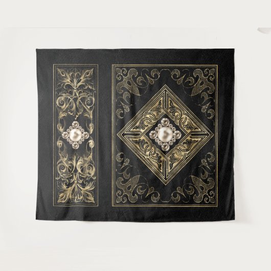 Verzierte Opulenz | Schwarz-Gold-Juwelen-Blüh Wandteppich (Vorderseite (Horizontal))