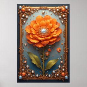 Verzierte orangefarbene Blumenkunst in goldenem Ra Poster