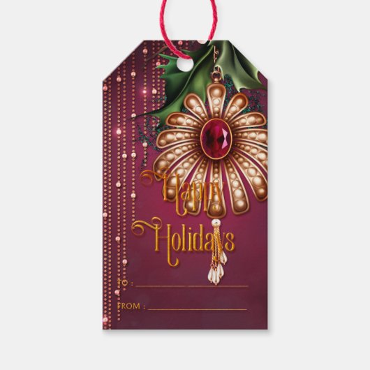 Verzierte Ornamente und Grüne Happy Holidays Geschenkanhänger (Vorderseite)