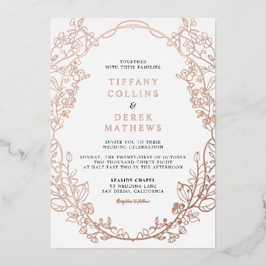 Verzierte Rahmen Elegante Hochzeitsstimmung Rose G Folieneinladung (Vorderseite)