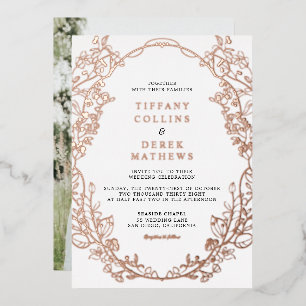 Verzierte Rahmen Elegantes Foto Hochzeit Rose Gold Folieneinladung