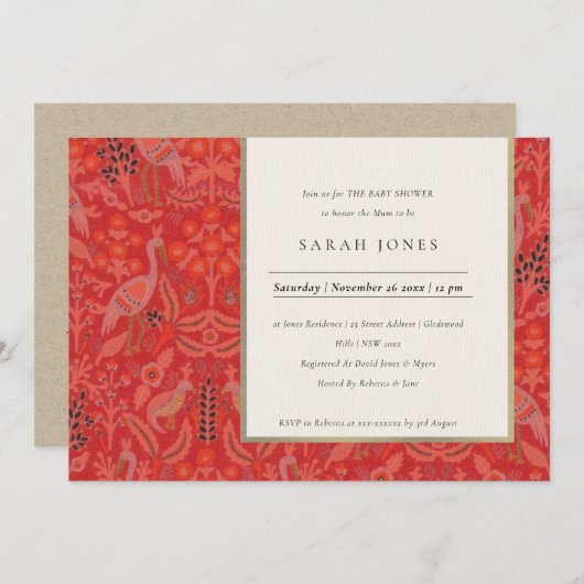 Verzierte Red Classy Flora Peacock Kinderdusche la Dankeskarte (Vorne/Hinten)