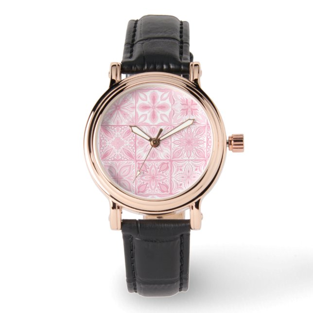 Verzierte rosa Fliesen Armbanduhr (Vorderseite)