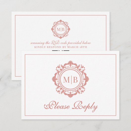 Verzierte Rose-Monogramm-Hochzeit RSVP Karte (Vorne/Hinten)