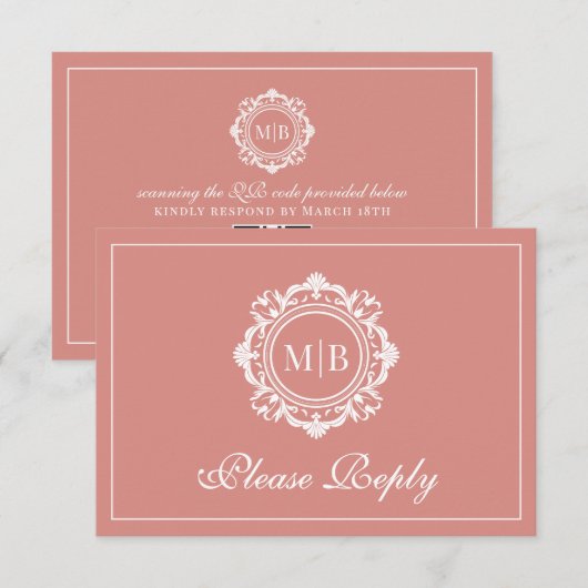 Verzierte Rose-Monogramm-Hochzeit RSVP Karte (Vorne/Hinten)