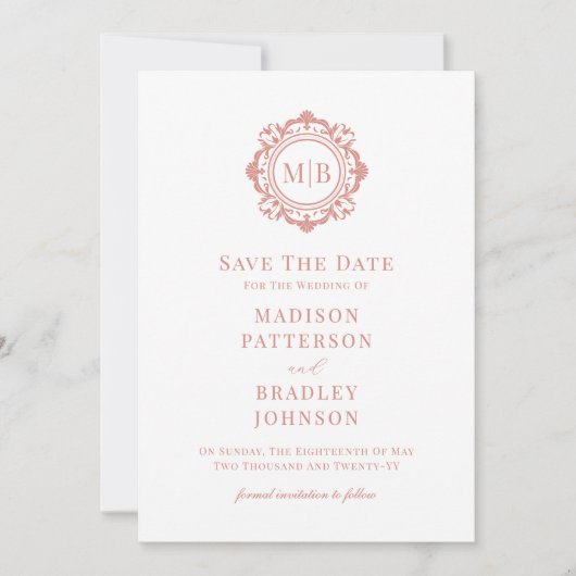 Verzierte Rose-Monogramm-Hochzeit Save The Date (Vorderseite)
