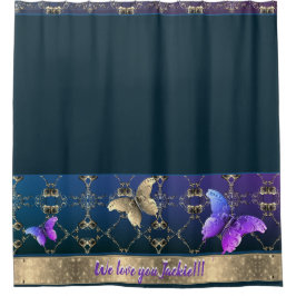 Verzierte Rose und Schmetterlingstrockner Blauer D Duschvorhang