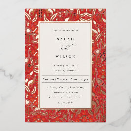 Verzierte Rot-Klasse-Blumenpfauengoldene Hochzeit Folieneinladung