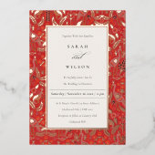 Verzierte Rot-Klasse-Blumenpfauengoldene Hochzeit Folieneinladung (Vorderseite)