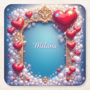 Verzierte rote Herzen mit Gold und Perlen Rechteckiger Pappuntersetzer