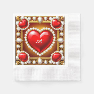 Verzierte rote Herzen mit Gold und Perlen Serviette