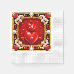 Verzierte rote Herzen mit Gold und Perlen Serviette