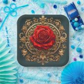 Verzierte Rote Rose mit goldbarocken Rahmen Pappteller (Party)
