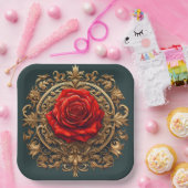 Verzierte Rote Rose mit goldbarocken Rahmen Pappteller (Party)