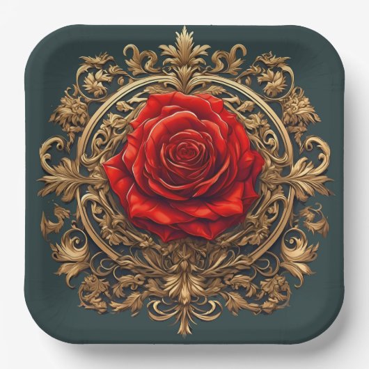 Verzierte Rote Rose mit goldbarocken Rahmen Pappteller (Vorderseite)