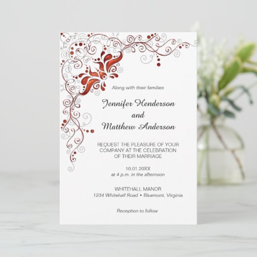 Verzierte Rote Wirbel auf Einladung zur White Wedd (Stehend Vorderseite)