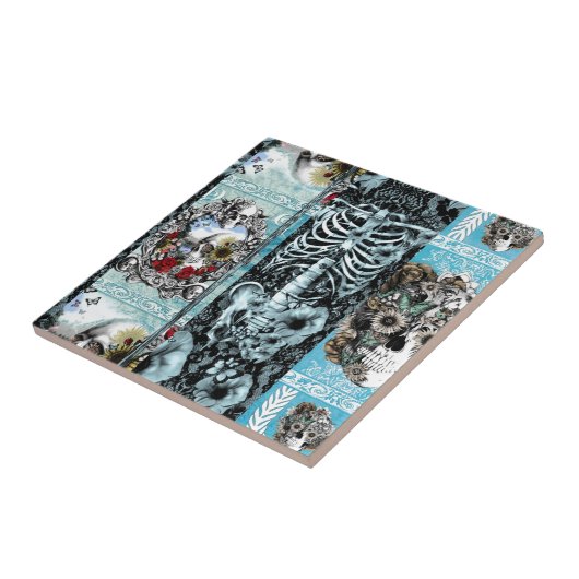 Verzierte Schädelcollage Fliese (Seite)