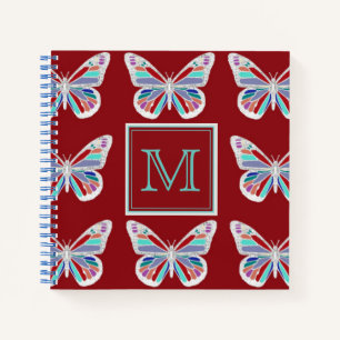 Verzierte Schmetterlinge Burgunder Muster Monogram Notizblock