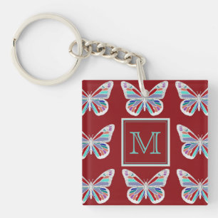 Verzierte Schmetterlinge Burgunder Muster Monogram Schlüsselanhänger