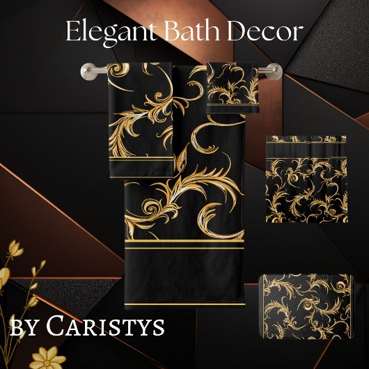 Verzierte Schnörkel Schwarz und Gold Badhandtuch Set