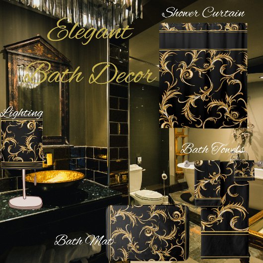 Verzierte Schnörkel Schwarz und Gold Badhandtuch Set