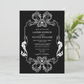 Verzierte Schwarz-Blumen-Linie Art Mongram Hochzei Einladung (Stehend Vorderseite)