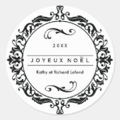 Verzierte Schwarz-Weiß-Joyeux-Noël-Stickers Runder Aufkleber (Vorderseite)