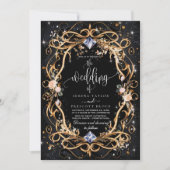 Verzierte Schwarze Hochzeit mit Gold und Diamanten Einladung (Vorderseite)