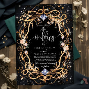 Verzierte Schwarze Hochzeit mit Gold und Diamanten Einladung