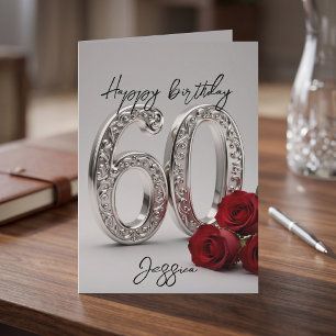 Verzierte silberne rote Rose Damen 60. Geburtstag Karte