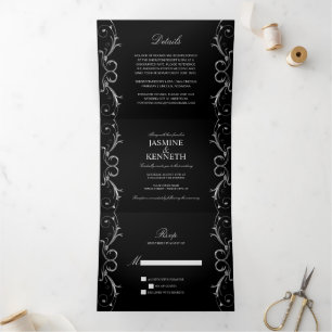 Verzierte Silver Floral Wirbel auf Black Wedding Dreifach Gefaltete Einladung