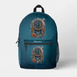 Verzierte Steampunk-Uhr mit Rose. Bedruckter Rucksack