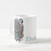 Verzierte Steampunk-Uhr mit Rose. Kaffeetasse (Vorderseite Links)