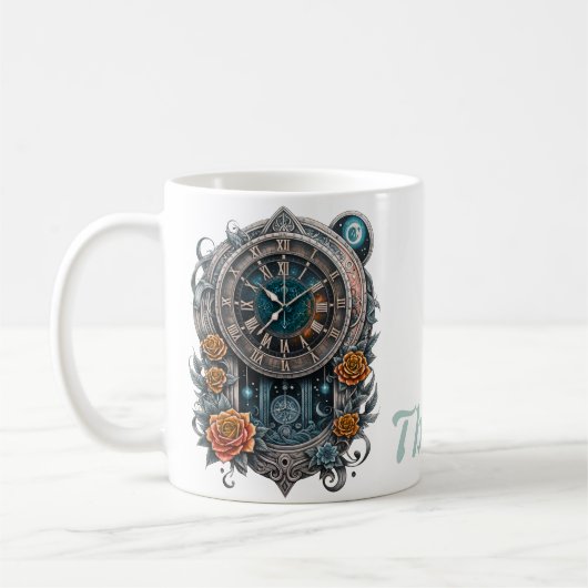 Verzierte Steampunk-Uhr mit Rose. Kaffeetasse (Links)