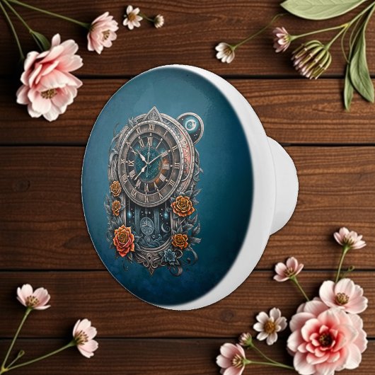Verzierte Steampunk-Uhr mit Rose. Keramikknauf