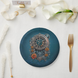 Verzierte Steampunk-Uhr mit Rose. Pappteller