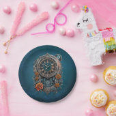 Verzierte Steampunk-Uhr mit Rose. Pappteller (Party)