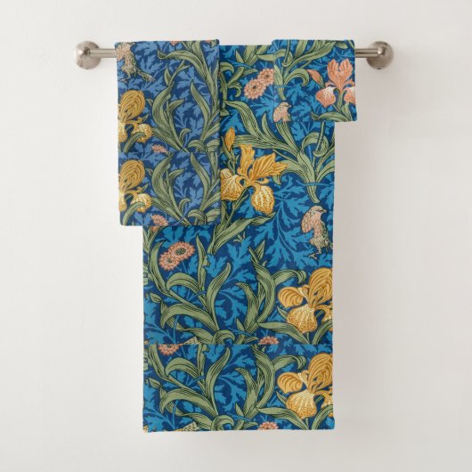 Verzierte viktorianische Rosa-u. Goldiris auf Blau Badhandtuch Set (Insitu)