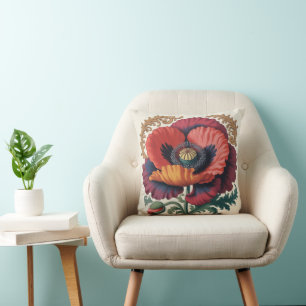 Verzierte Vintage-Mohn-Blumenillustration Kissen