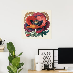 Verzierte Vintage-Mohn-Blumenillustration Poster